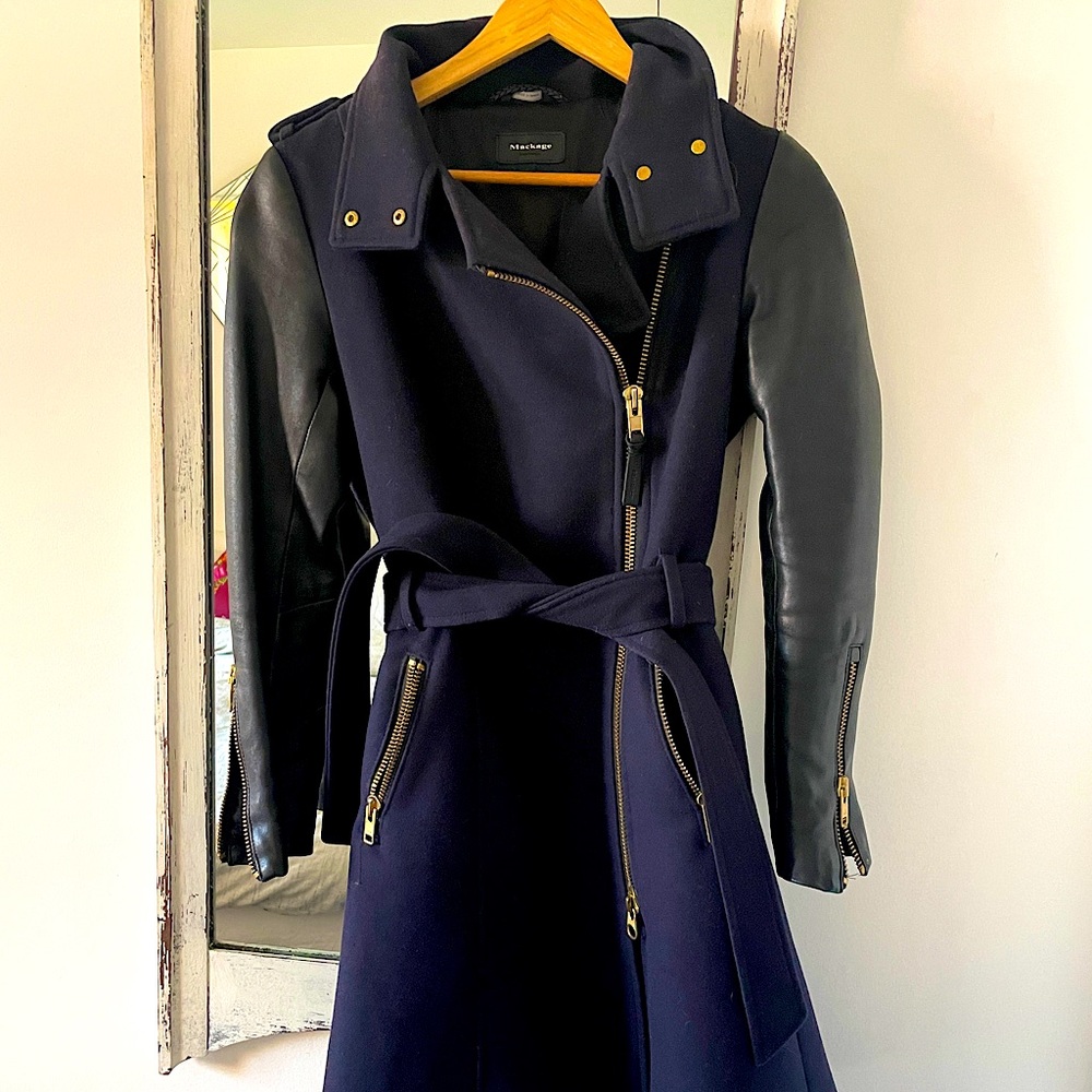 Wool and Leather belted Mackage Coat. Gold zipper details, sleek structure
